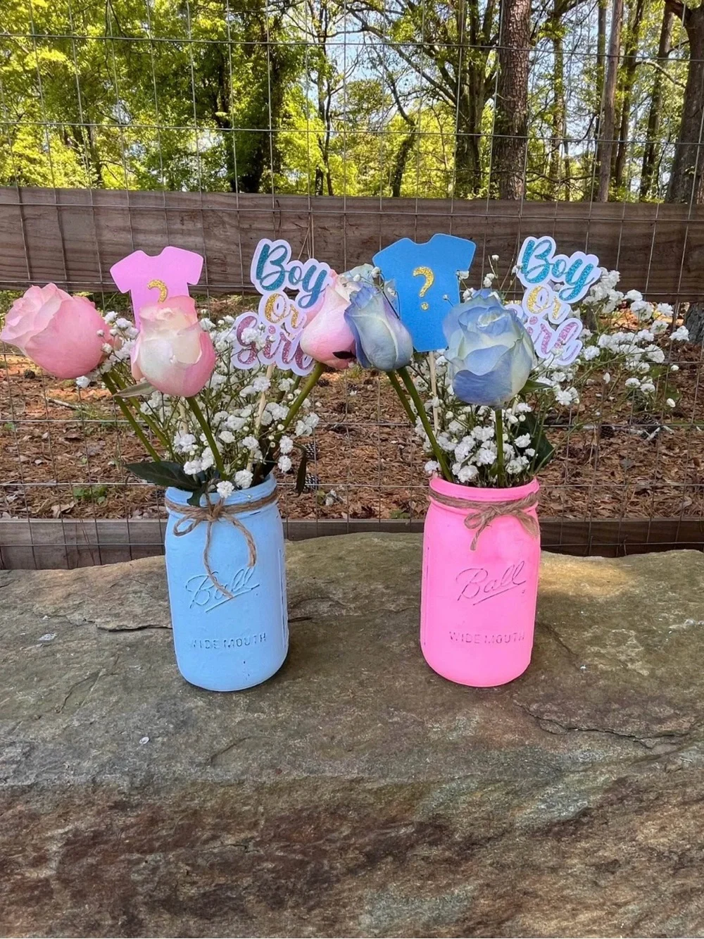 Blue and Pink Rustic Painted Mason Jar Gender Reveal Centerpiece Vases